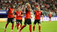 Austria's Marko Arnautovic celebrates scoring their third goal in a Group J World Cup match against Jordan in Santa Clara, California, US, on Jun 16, 2026. (Photo: Reuters/Eloisa Lopez) | Sumber: Reuters/Eloisa Lopez)