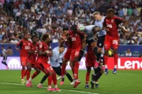 Nuno da Costa #21 of Cabo Verde competes for a header against Darwin Nunez #9 of Uruguay during the FIFA World Cup 2026 Group H match between Uruguay and Cabo Verde