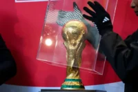 The FIFA World Cup trophy is displayed during a stop of the FIFA World Cup Trophy Tour at the American Museum of Natural History in New York City on June 2, 2026 [Timothy A Clary/AFP]